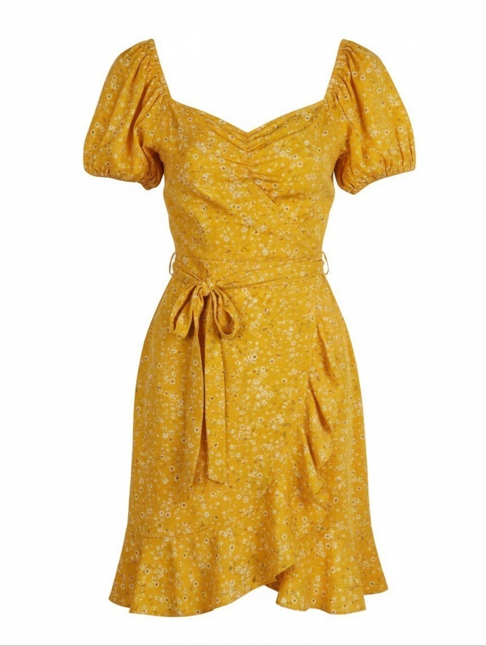 Yellow Puff Sleeve Sundress with Ruffle Detail Floral Print & Matching Belt